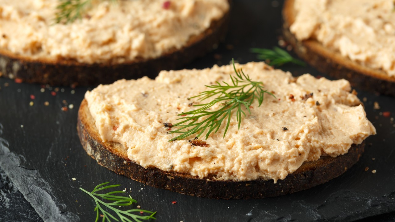 Salmon Mousse with Pickled Red Onion on Brown Bread
