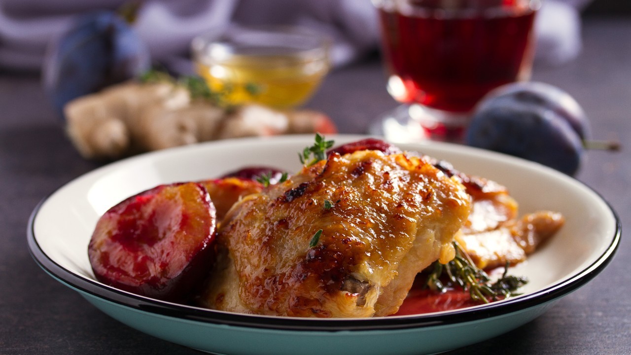 Roast Chicken, Sticky Plums & Potatoes