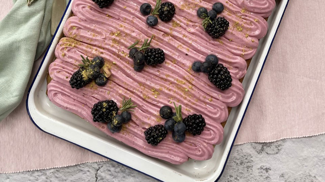Pistachio Cake with a Wild Bramble Blackberry & Cassis Icing