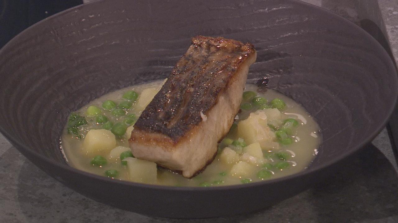 Pan Roasted Stone Bass with Baby Gem, Potatoes, Peas and Mint