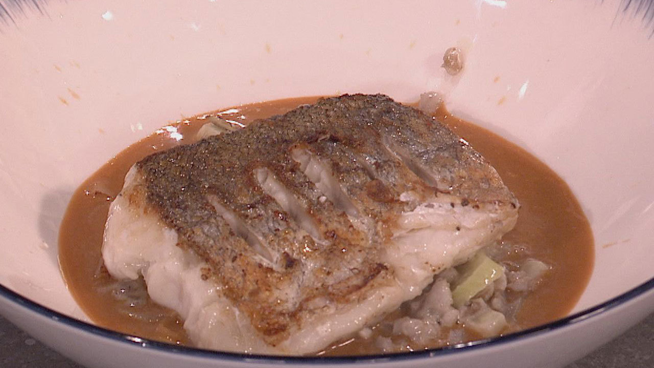 Hake Fillet with Creamed Barley, Lemongrass, Chilli and Coconut Prawn Sauce