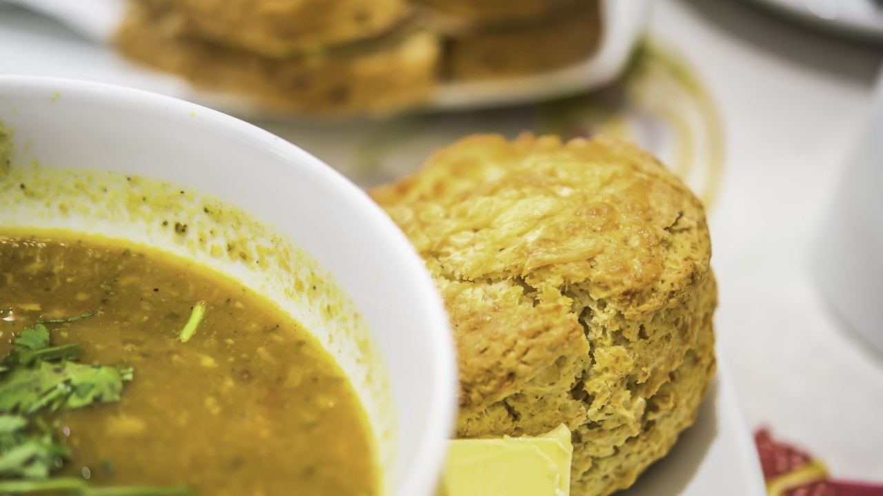 Roast Celeriac and Pancetta Soup / Buttermilk and Cheese Scones