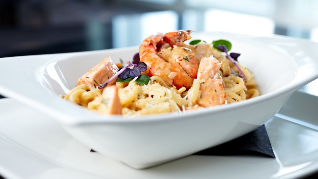 Salmon & Prawn Spaghetti, Chilli, Ginger, Baby Spinach, Asian Dressing