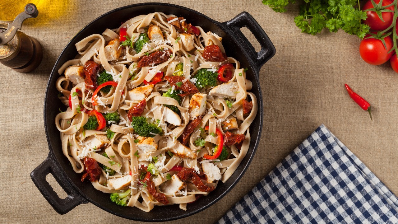 One Pan Creamy Chicken & Greens with Tagliatelle