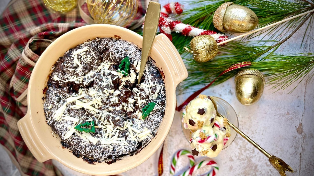 Salted Caramel and Chocolate Self Saucing Pudding with Elf Ice-cream