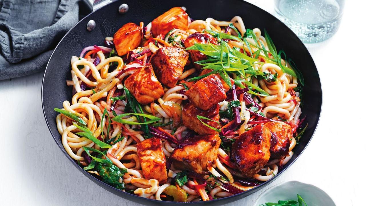 Baked Teriyaki Salmon with Bok Choi Udon Noodle Stir Fry