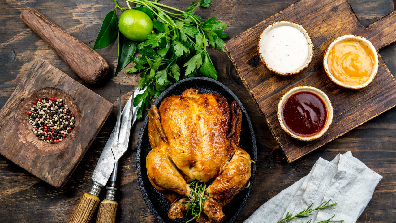 Roast Chicken with Basmati Rice, Minced Lamb, Pine Nuts & Spices