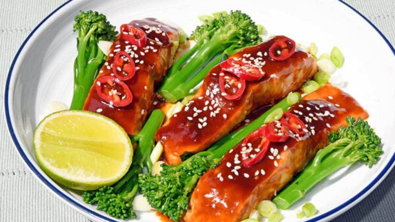 Miso Glazed Salmon & Sprouting Broccoli Traybake with Fragrant Coconut Rice