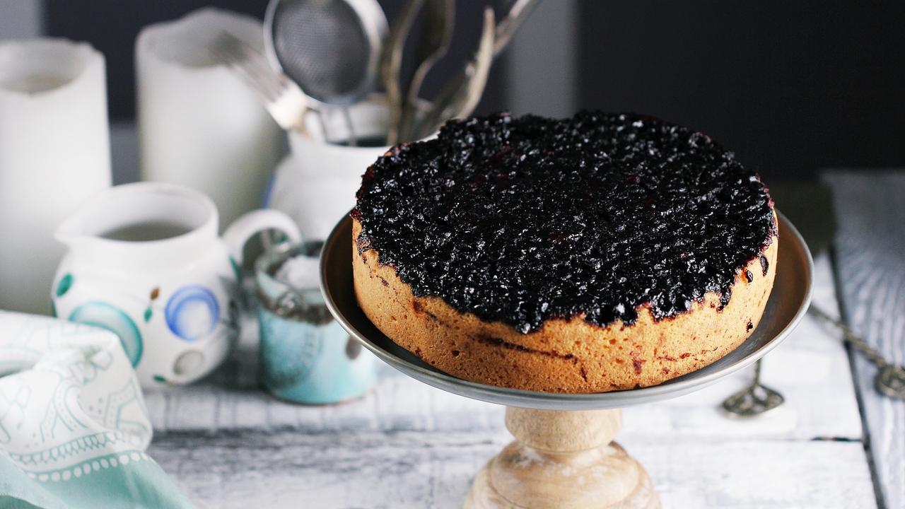 Upside Down Blueberry Polenta Cake