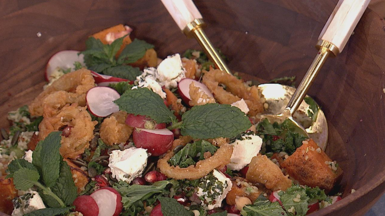 Ancient Grain Salad with Roast Sweet potato, kale, chickpeas, pomegranate and crispy buttermilk onion rings