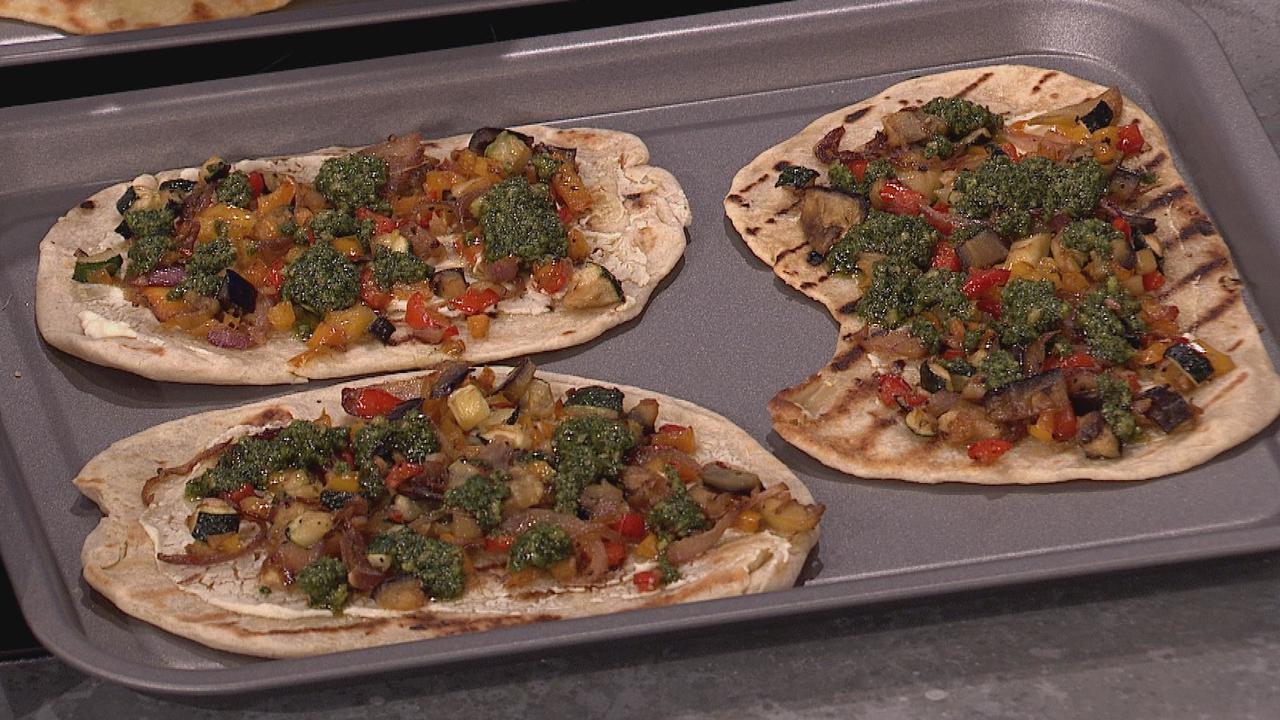 Grilled Flatbread with Roast Vegetables & Carrot Top Pesto