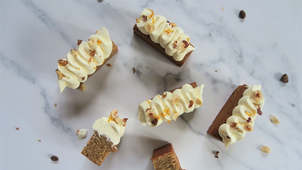 Coffee Financier Cakes with Orange Mascarpone and Toasted Hazelnuts