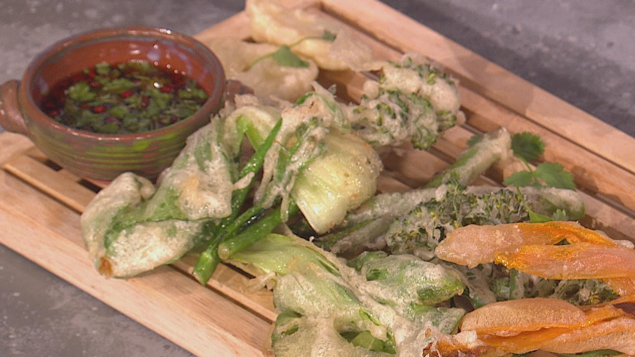 Seasonal Mixed Farm Vegetable Crispy Tempura with Sweet Soy dip & Tom Yum Sauce
