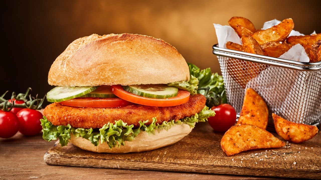 Chicken Schnitzel Burger & Spicy Wedges 