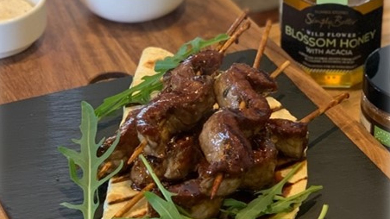 Sticky Beef Skewers With Mustard Mayonnaise & Tomato Salad