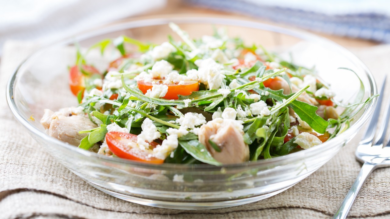 Char-grilled Peach, Chicken & Goats Cheese Salad with Pecans and a Herby Orange Dressing