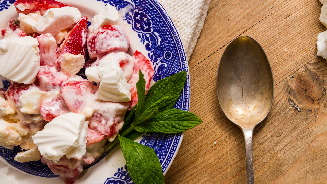 Eton Mess with toasted almonds and grated chocolate