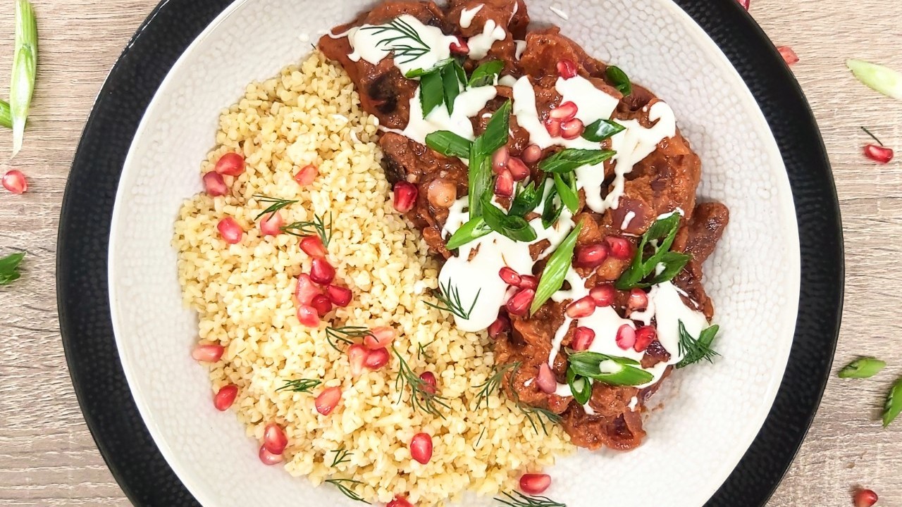 Roast Aubergine and Chickpea Maghmour with Lemon Bulghur and Pomegranate