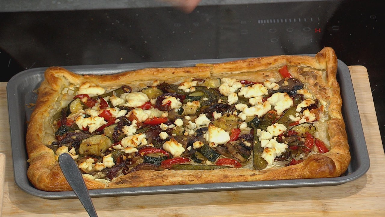 Roast Veg Tart, Herb Dressing & Veg Skin Crisps