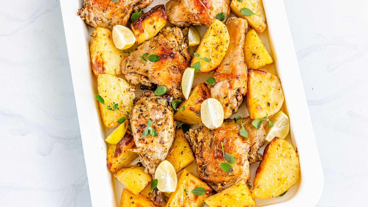 Thai basil Roasted Lemon Chicken Potatoes Casserole Served with Steamed Brown Rice
