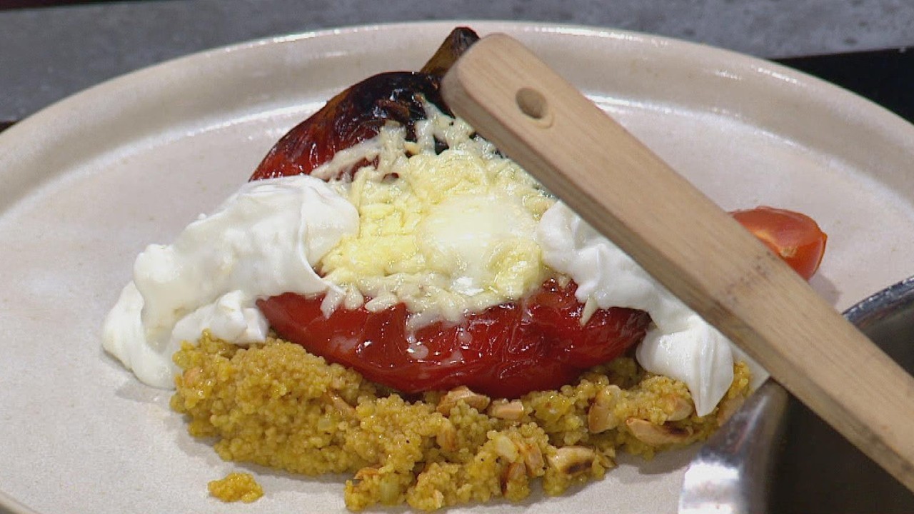 Halloumi Grilled Peppers with Curried Couscous, Lemon Yogurt