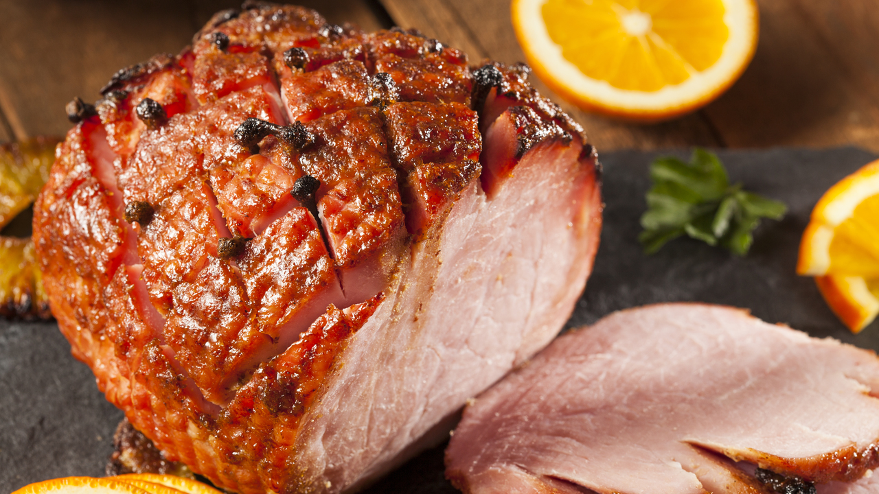 Orange Sherry Glazed Ham with Pears & Clementines