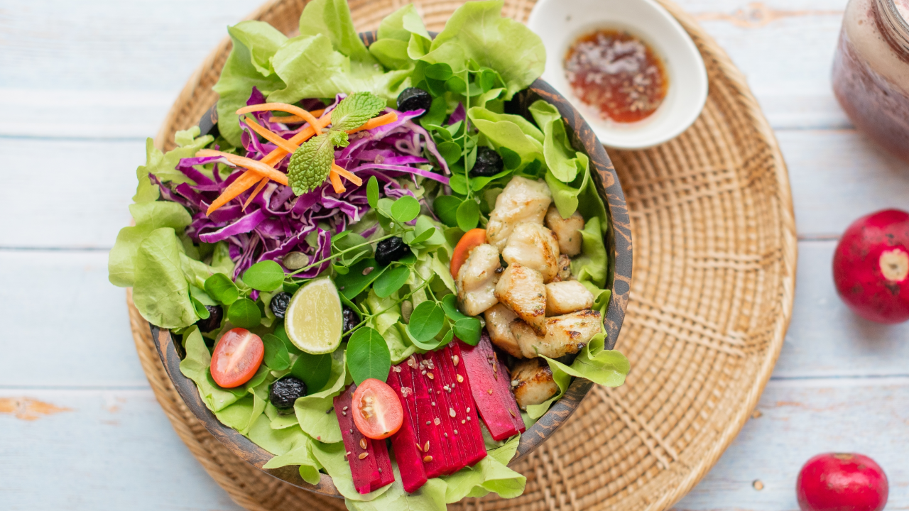 Roast Chicken Breast with Beetroot, Orange, Ginger and Mint Salad