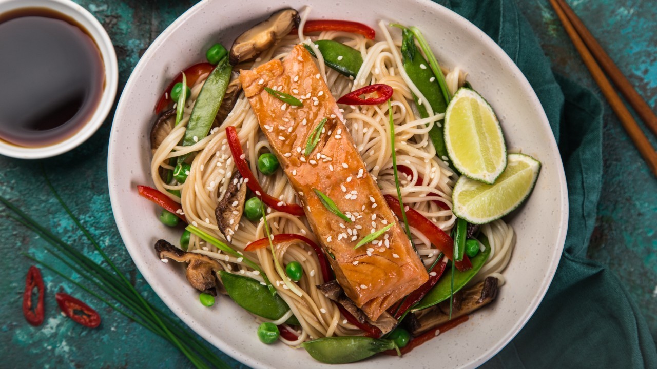 Soy & Honey Glazed Salmon with Asian-style noodles