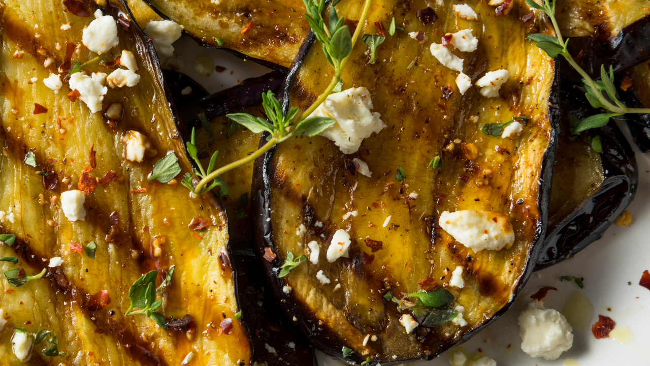 Roast Aubergine with Caramelised Onion, Garden Herbs & Irish Sheep’s Cheese