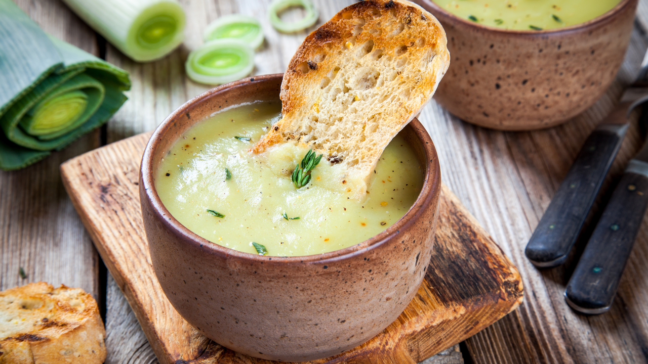 Leek & Potato Soup With Potato Skin Bread And Onion Whipped Butter