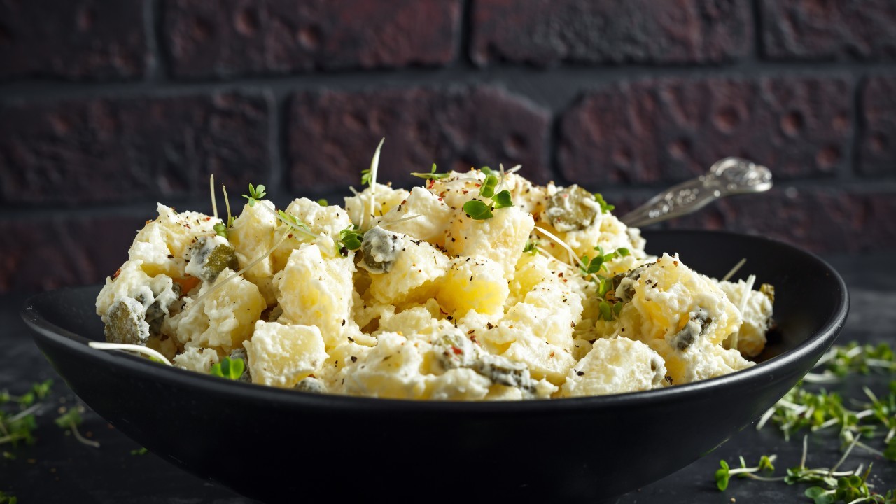 Potato Salad with Red Onion Marmalade, Smoked Bacon & Crème Fraîche