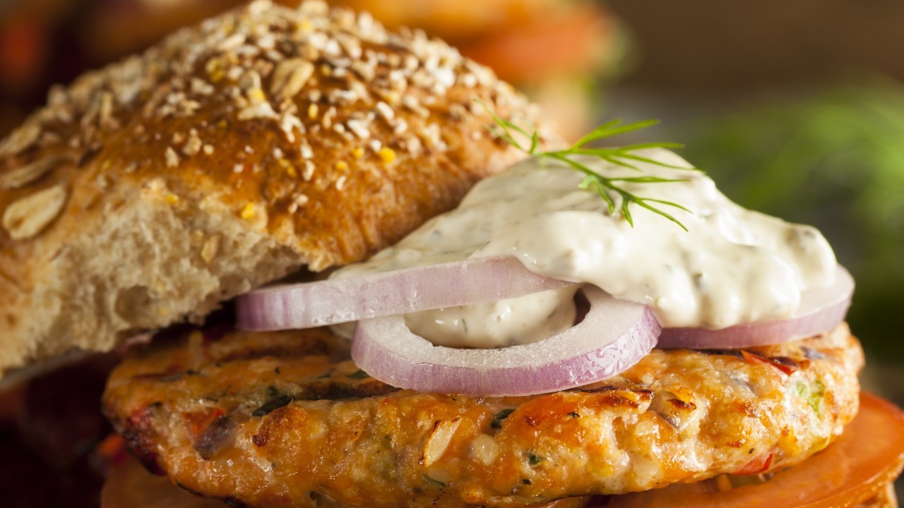 Chipotle Salmon Burgers With Golden Turmeric Hummus