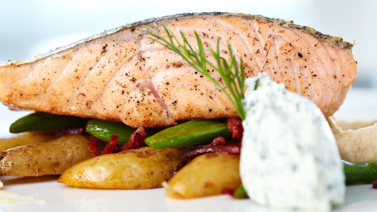 Chilli Baked Salmon, Potato Salad with Chorizo and Crème Fraiche