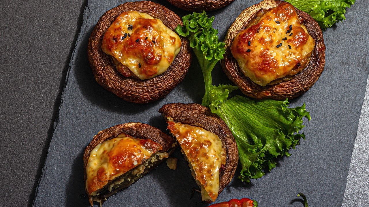 Baked Flat Cap Mushrooms with Pine Nut Stuffing Buffalo Mozzarella Ireland AM