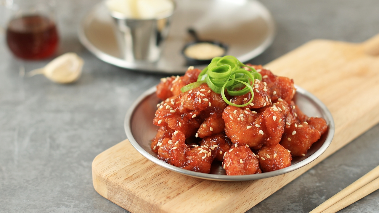 Crispy Hot Honey Popcorn Chicken with Broccoli Jasmine Fried Rice