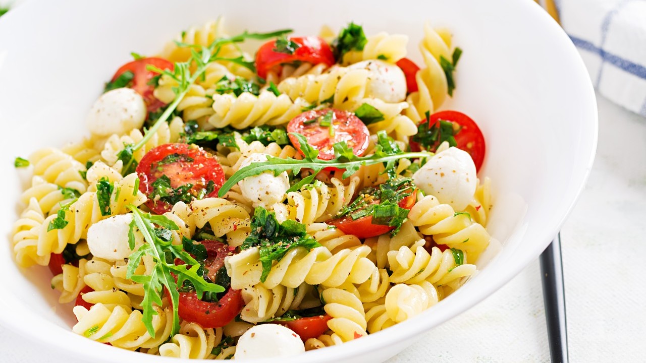 Protein Packed Pantry Pasta and Caprese Salad