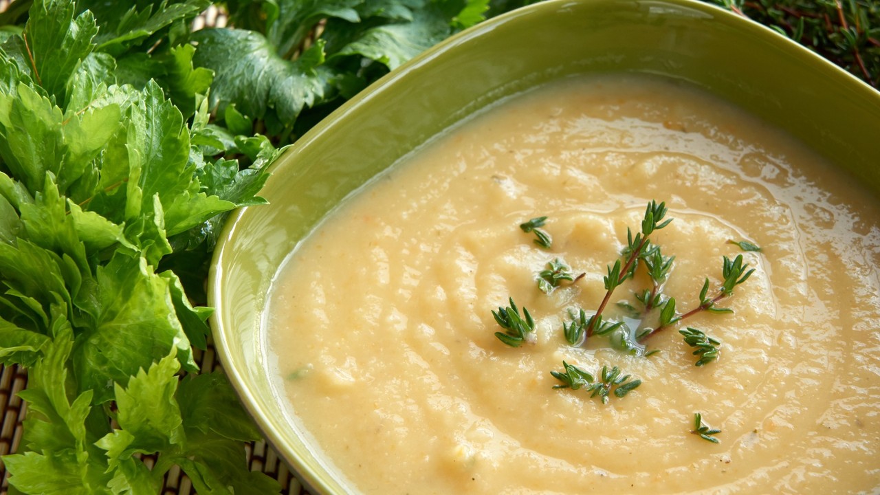 Celeriac & Apple Soup and Serrano Goat Slices