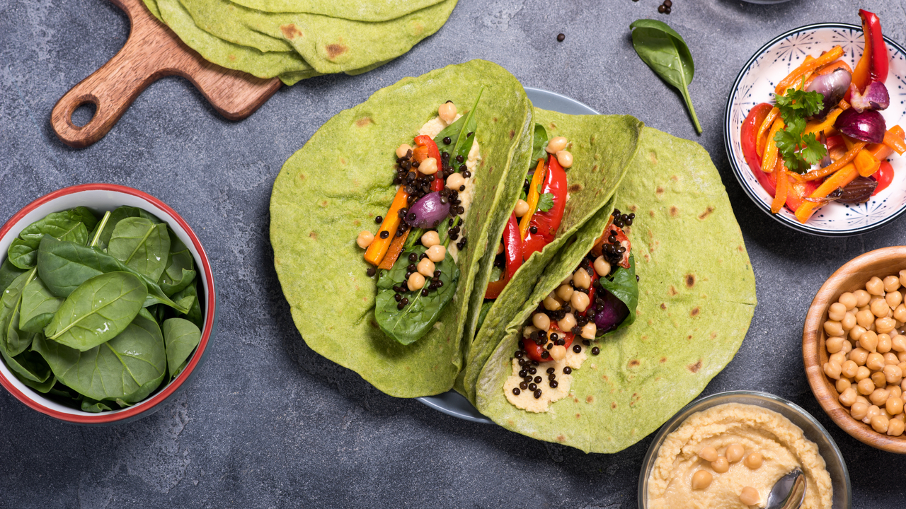 Green Tortillas With Spiced Veg And Bean Hummus