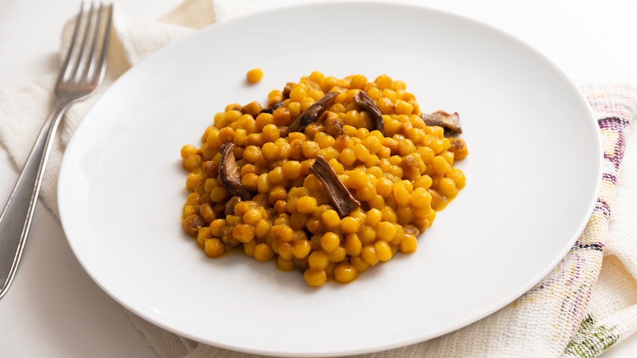 Fregula with Guanciale, Mushrooms and Chestnuts