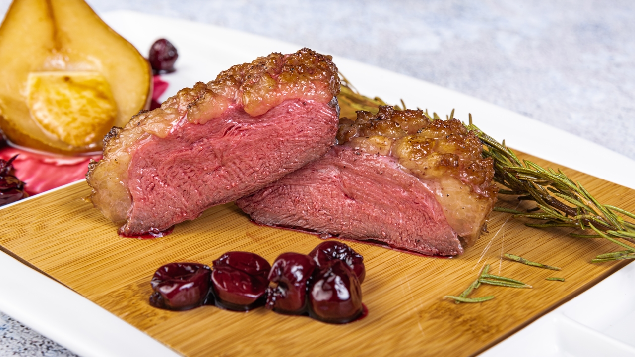 Roast Duck Breast with a Cherry & Red Wine Sauce and a Roast Butternut Squash Puree