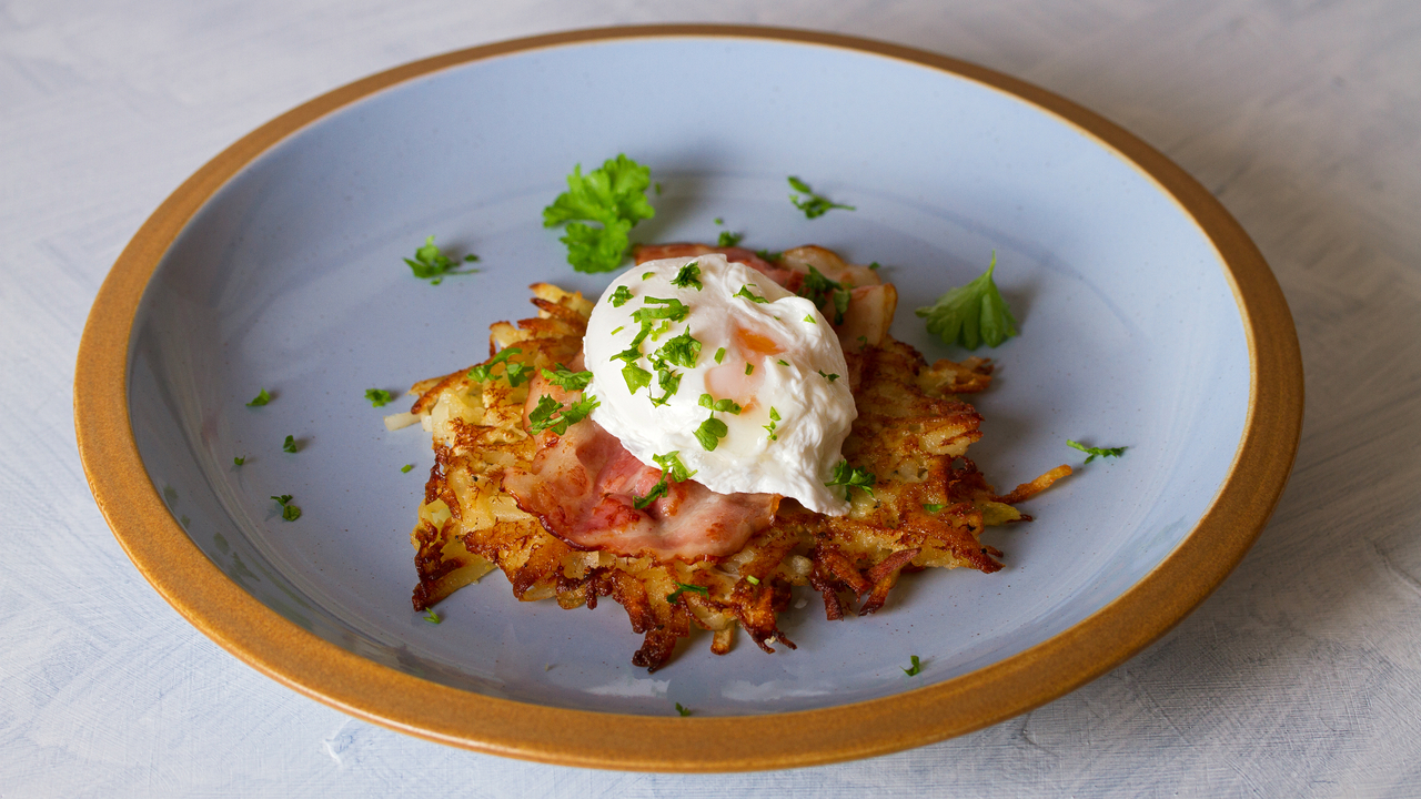 Garlic & Potato Rosti with Poached Eggs and Peanut Rayu