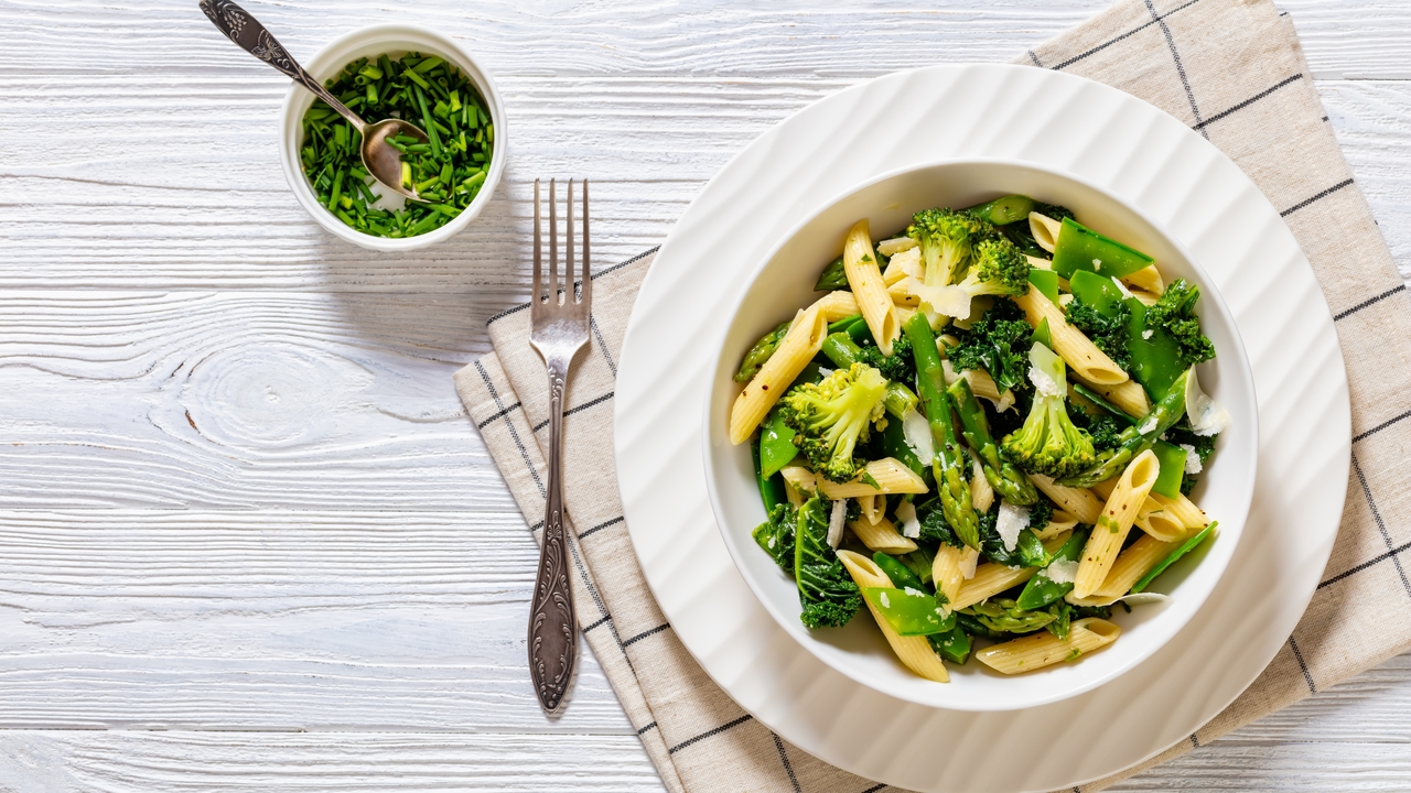 Pasta Primavera with Crispy Parma Ham & Chive Gremolata