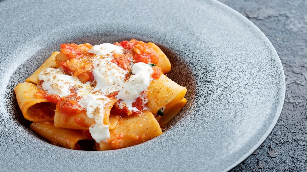Mezzi rigatoni with Eggplant, Peppers, Almonds and Stracciatella
