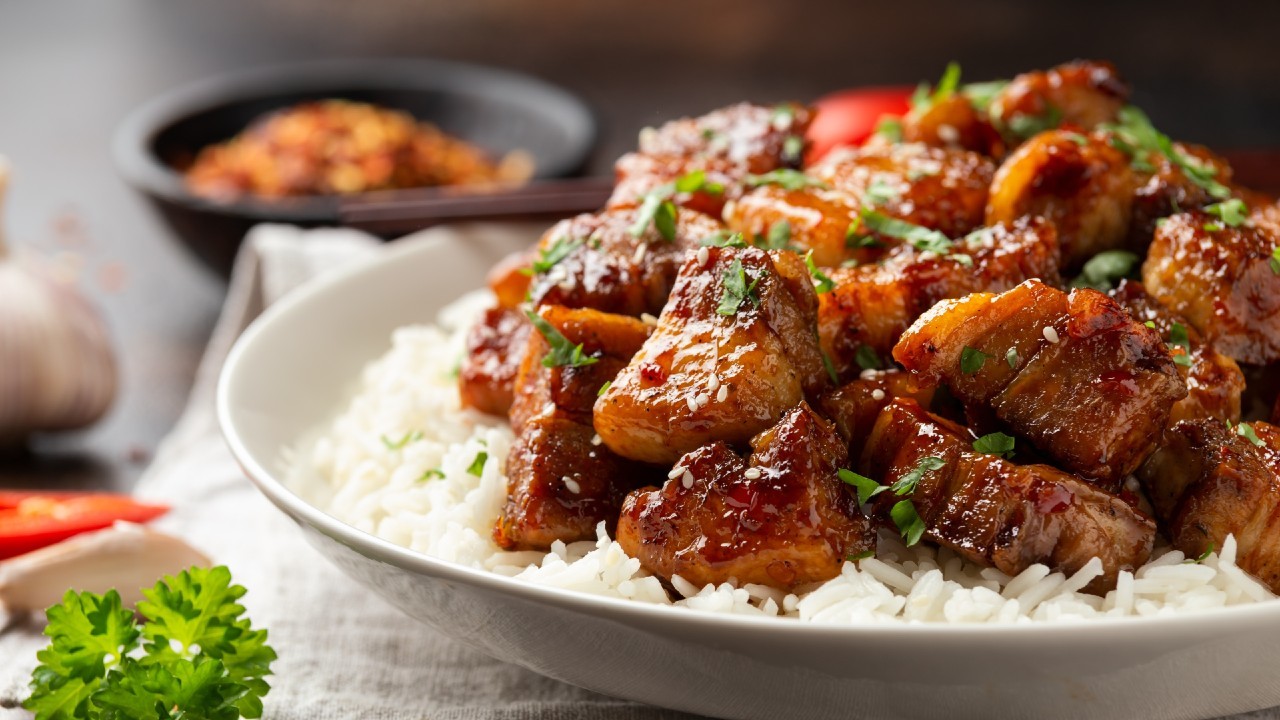 Sweet and Sticky Pork Belly with Satay Sauce