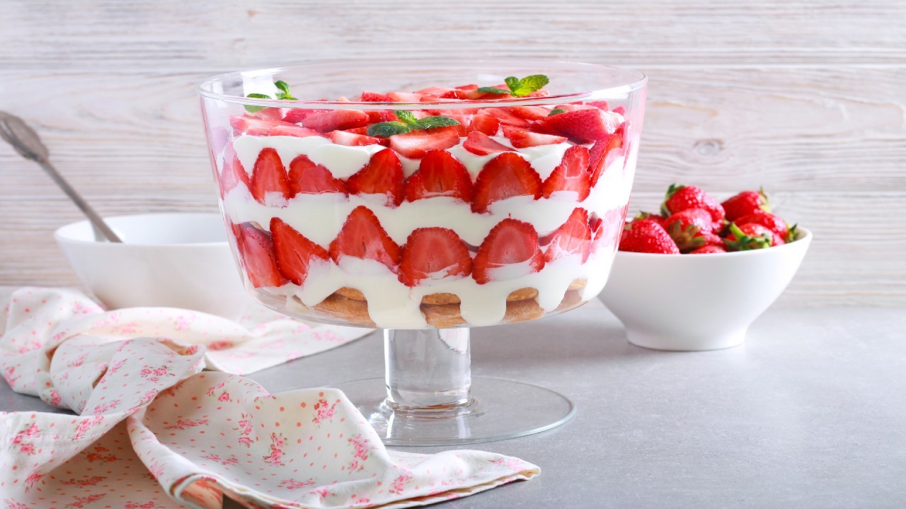 Strawberry Shortcake Trifles layered with custard and mascarpone cheese