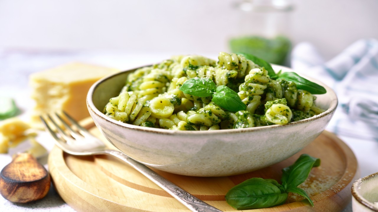 Pasta with Herb Pesto, Cheese Fritters and Carrot Skin Crisps