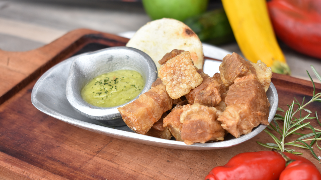 Crispy Pork Belly Chicharrónes with Passion Fruit and Avocado Guacamole