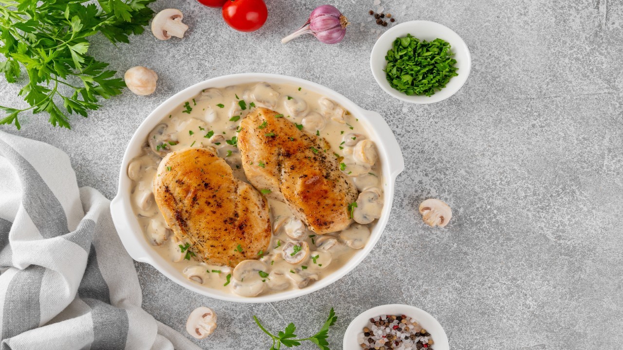 Roast Chicken with Mushroom and Cheddar Sauce