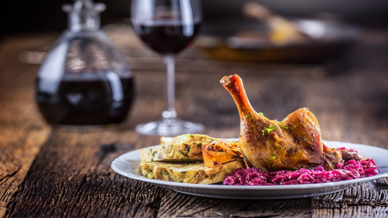 Confit Duck with Braised Red Cabbage, Orange Jus