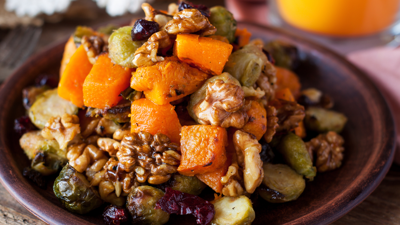 Roasted Brussels Sprouts with Butternut Squash, Cranberry, Smokey Bacon and Nuts